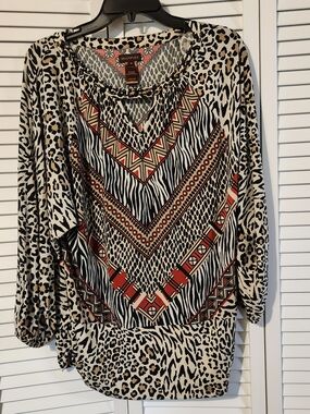 Multiples Beige and Black Animal Print Tunic with Red Geometric Accents